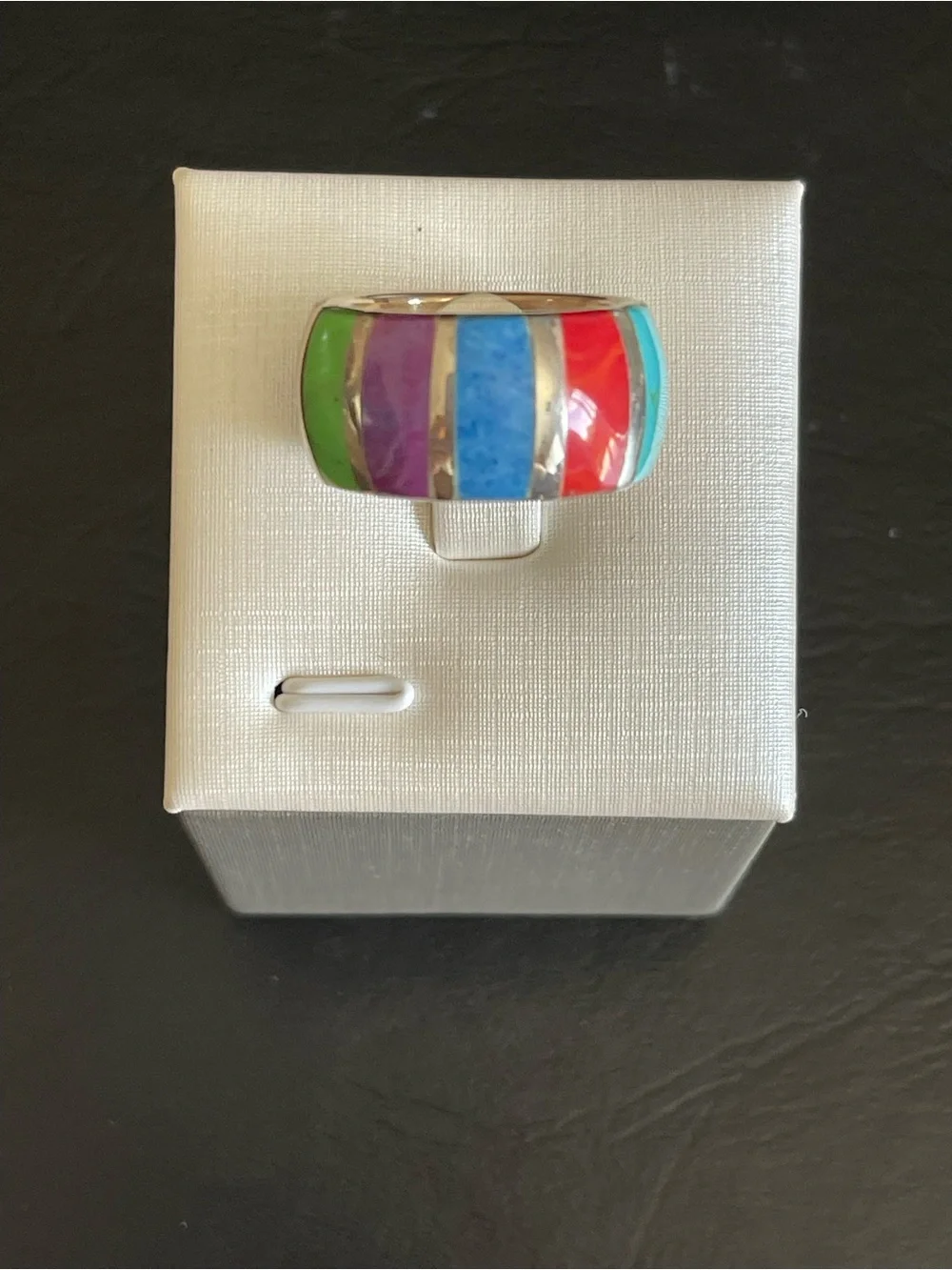 Vintage 925 sterling Multi-Color gemstone Inlay Dome Ring .